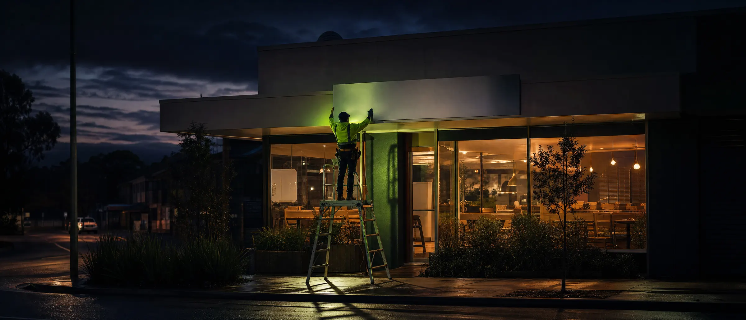 A sign installer on a ladder fixing a panel to a shopfront at dusk.