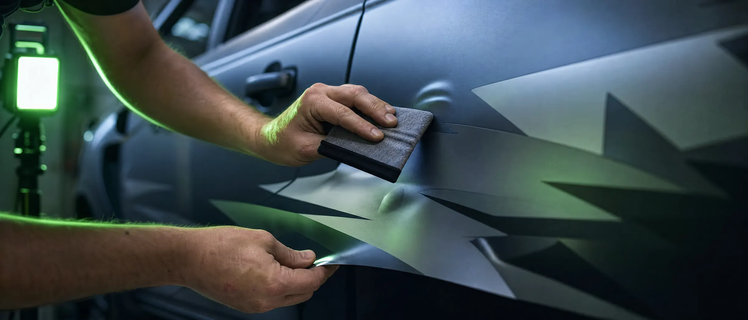 A vinyl graphic being squeegeed onto the door panel of a ute.
