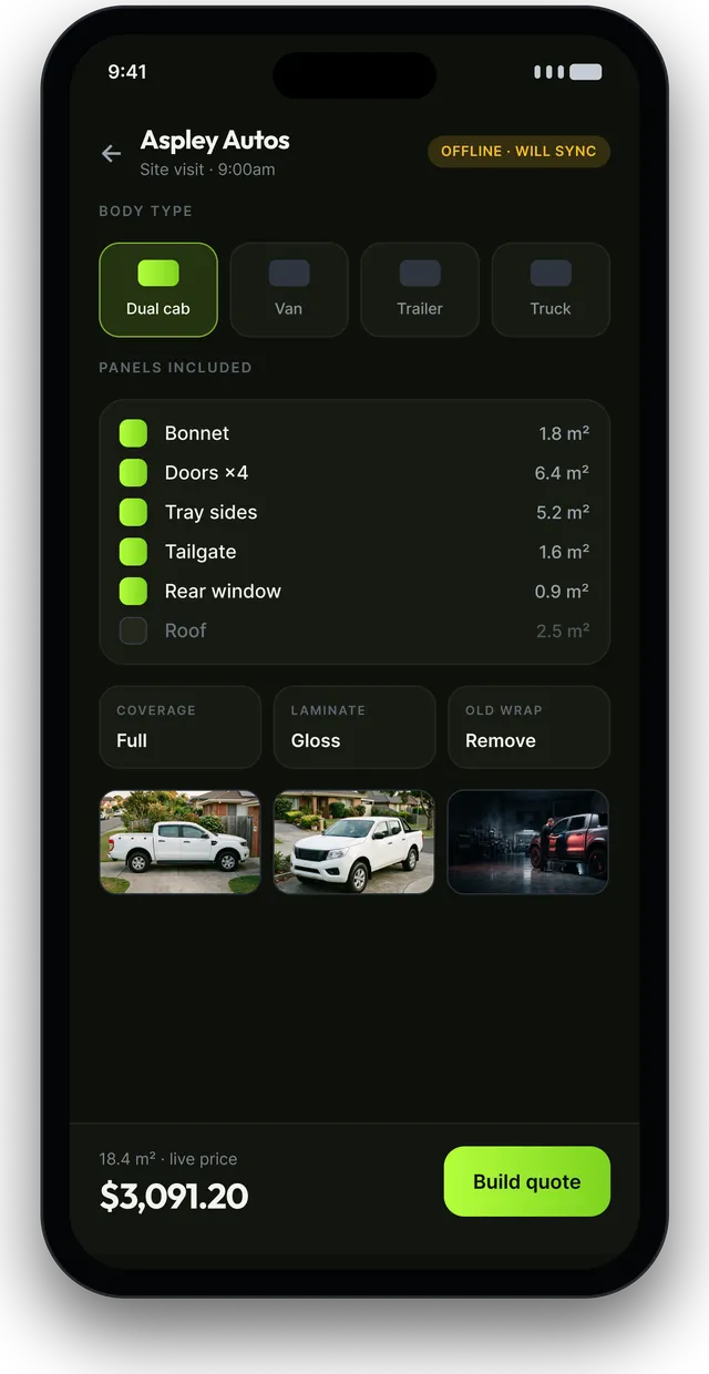 Phone screen: vehicle survey with dual cab selected, panel areas ticked and a live price of $3,091.20.