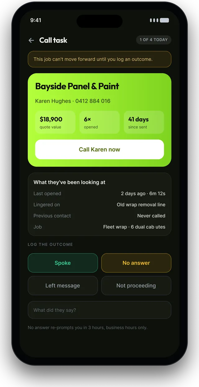 Phone screen: a call task that blocks the job until an outcome is logged — spoke, no answer, left message or not proceeding.