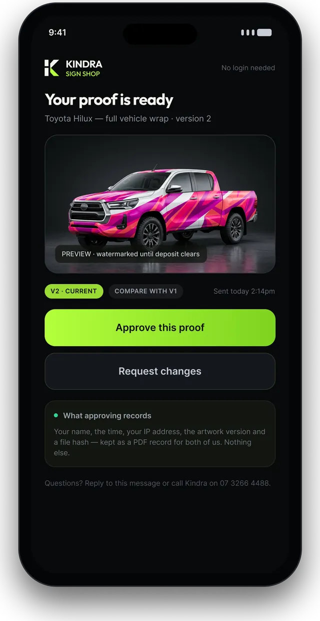What the client sees on their phone: your proof is ready, approve or request changes, no login needed.